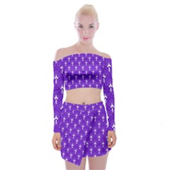 White And Purple Art-deco Pattern Off Shoulder Top With Mini Skirt Set by Dushan