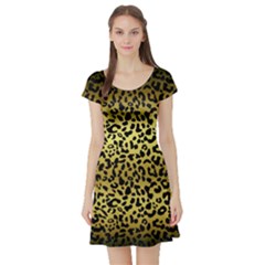 Gold And Black, Metallic Leopard Spots Pattern, Wild Cats Fur Short Sleeve Skater Dress by Casemiro