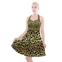 Gold And Black, Metallic Leopard Spots Pattern, Wild Cats Fur Halter Party Swing Dress  by Casemiro