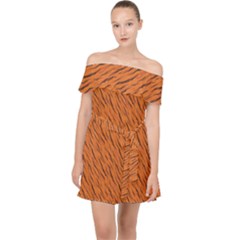 Animal Skin - Lion And Orange Skinnes Animals - Savannah And Africa Off Shoulder Chiffon Dress by DinzDas