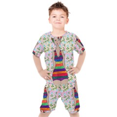 Tan Swimmer Flowerwall Kids  Tee And Shorts Set by snowwhitegirl