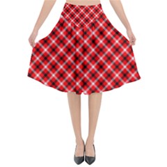 Three Color Tartan, Red Grey, Black Buffalo Plaid Theme Flared Midi Skirt by Casemiro