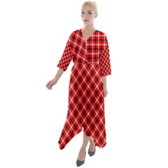 Three Color Tartan, Red Grey, Black Buffalo Plaid Theme Quarter Sleeve Wrap Front Maxi Dress by Casemiro