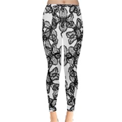 Stylized Botanical Motif Black And White Print Inside Out Leggings by dflcprintsclothing