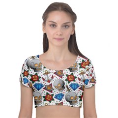 Full Color Flash Tattoo Patterns Velvet Short Sleeve Crop Top  by Amaryn4rt