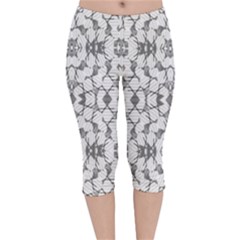 Grey And White Abstract Geometric Print Velvet Capri Leggings  by dflcprintsclothing