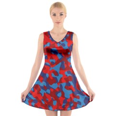 Red And Blue Camouflage Pattern V-neck Sleeveless Dress by SpinnyChairDesigns