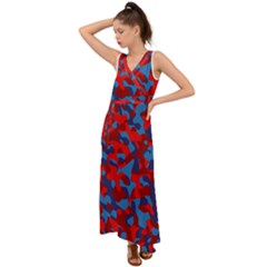 Red And Blue Camouflage Pattern V-neck Chiffon Maxi Dress by SpinnyChairDesigns