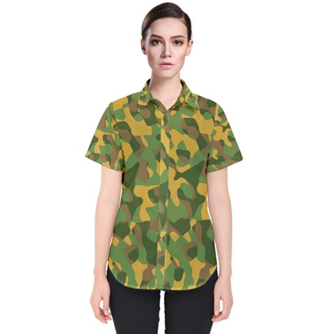 Yellow Green Brown Camouflage Women s Short Sleeve Shirt by SpinnyChairDesigns