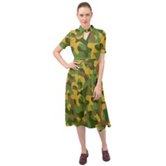 Yellow Green Brown Camouflage Keyhole Neckline Chiffon Dress by SpinnyChairDesigns