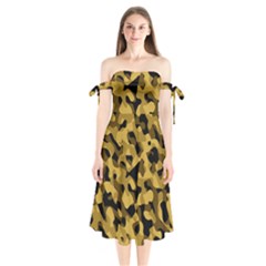 Black Yellow Brown Camouflage Pattern Shoulder Tie Bardot Midi Dress by SpinnyChairDesigns