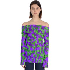 Purple And Green Camouflage Off Shoulder Long Sleeve Top by SpinnyChairDesigns