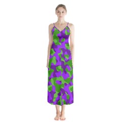 Purple And Green Camouflage Button Up Chiffon Maxi Dress by SpinnyChairDesigns