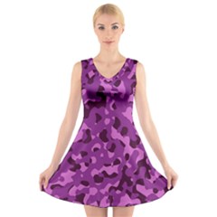 Dark Purple Camouflage Pattern V-neck Sleeveless Dress by SpinnyChairDesigns