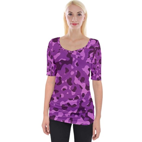 Dark Purple Camouflage Pattern Wide Neckline Tee by SpinnyChairDesigns