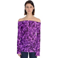 Dark Purple Camouflage Pattern Off Shoulder Long Sleeve Top by SpinnyChairDesigns