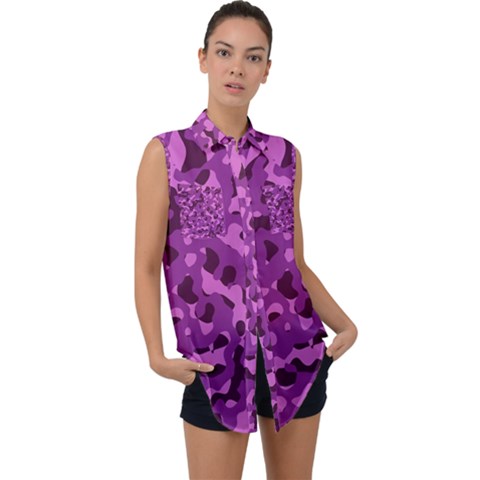 Dark Purple Camouflage Pattern Sleeveless Chiffon Button Shirt by SpinnyChairDesigns