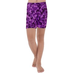 Dark Purple Camouflage Pattern Kids  Lightweight Velour Capri Yoga Leggings by SpinnyChairDesigns