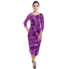 Dark Purple Camouflage Pattern Quarter Sleeve Midi Velour Bodycon Dress by SpinnyChairDesigns