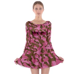 Pink And Brown Camouflage Long Sleeve Skater Dress by SpinnyChairDesigns