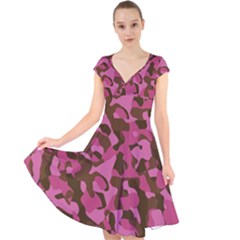 Pink And Brown Camouflage Cap Sleeve Front Wrap Midi Dress by SpinnyChairDesigns