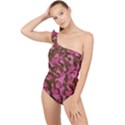 Pink and Brown Camouflage Frilly One Shoulder Swimsuit View1