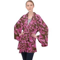 Pink And Brown Camouflage Long Sleeve Velvet Kimono  by SpinnyChairDesigns