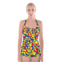 Colorful Rainbow Camouflage Pattern Boyleg Halter Swimsuit  by SpinnyChairDesigns