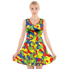 Colorful Rainbow Camouflage Pattern V-neck Sleeveless Dress by SpinnyChairDesigns