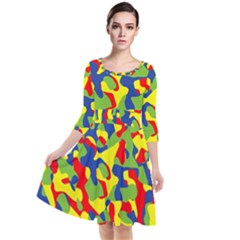 Colorful Rainbow Camouflage Pattern Quarter Sleeve Waist Band Dress by SpinnyChairDesigns