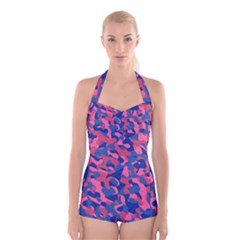 Blue And Pink Camouflage Pattern Boyleg Halter Swimsuit  by SpinnyChairDesigns