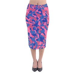 Blue And Pink Camouflage Pattern Velvet Midi Pencil Skirt by SpinnyChairDesigns