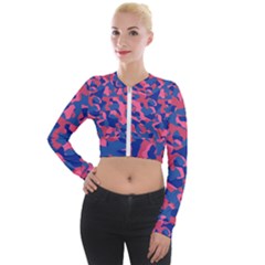 Blue And Pink Camouflage Pattern Long Sleeve Cropped Velvet Jacket by SpinnyChairDesigns