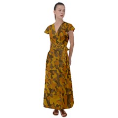 Brown And Orange Camouflage Flutter Sleeve Maxi Dress by SpinnyChairDesigns