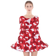 Red And White Camouflage Pattern Long Sleeve Velvet Skater Dress by SpinnyChairDesigns