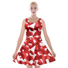 Red And White Camouflage Pattern Velvet Skater Dress by SpinnyChairDesigns