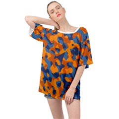 Blue And Orange Camouflage Pattern Oversized Chiffon Top by SpinnyChairDesigns