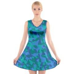 Blue Turquoise Teal Camouflage Pattern V-neck Sleeveless Dress by SpinnyChairDesigns