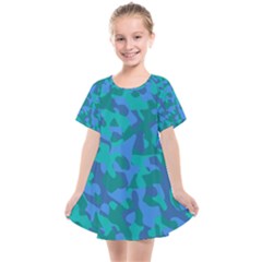 Blue Turquoise Teal Camouflage Pattern Kids  Smock Dress by SpinnyChairDesigns