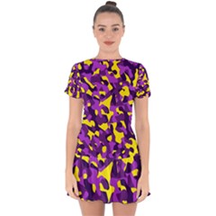 Purple And Yellow Camouflage Pattern Drop Hem Mini Chiffon Dress by SpinnyChairDesigns