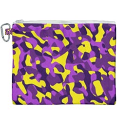 Purple And Yellow Camouflage Pattern Canvas Cosmetic Bag (xxxl) by SpinnyChairDesigns