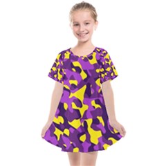 Purple And Yellow Camouflage Pattern Kids  Smock Dress by SpinnyChairDesigns