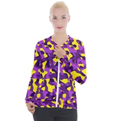 Purple And Yellow Camouflage Pattern Casual Zip Up Jacket by SpinnyChairDesigns