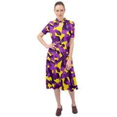 Purple And Yellow Camouflage Pattern Keyhole Neckline Chiffon Dress by SpinnyChairDesigns