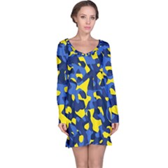 Blue And Yellow Camouflage Pattern Long Sleeve Nightdress by SpinnyChairDesigns