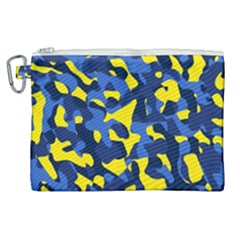 Blue And Yellow Camouflage Pattern Canvas Cosmetic Bag (xl) by SpinnyChairDesigns