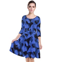 Black And Blue Camouflage Pattern Quarter Sleeve Waist Band Dress by SpinnyChairDesigns