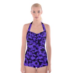 Purple Black Camouflage Pattern Boyleg Halter Swimsuit  by SpinnyChairDesigns