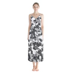 Grey And White Camouflage Pattern Button Up Chiffon Maxi Dress by SpinnyChairDesigns