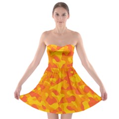 Orange And Yellow Camouflage Pattern Strapless Bra Top Dress by SpinnyChairDesigns